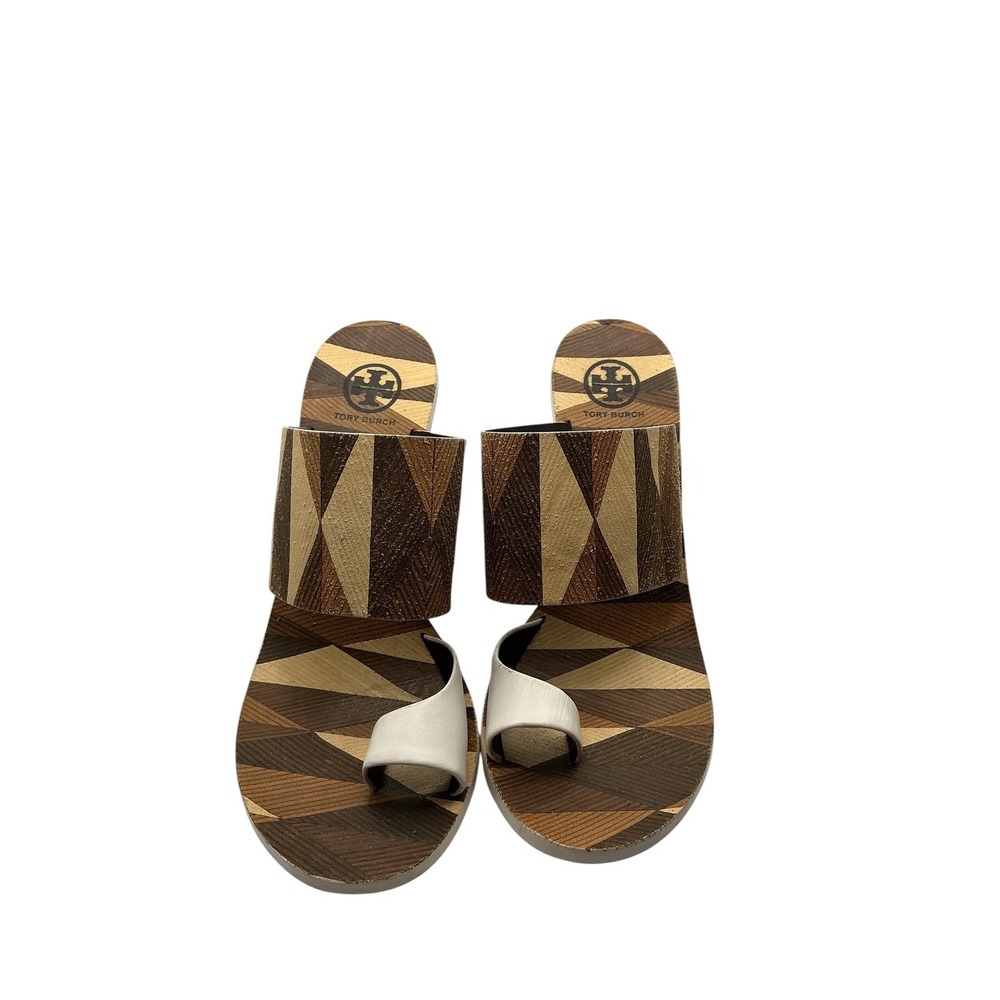 Tory Burch Geometric Marquetry Block Heel Sandals Brown White Leather 7.5M - Picture 9 of 10